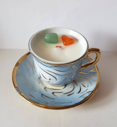 Sójová sviečka modrý pozlátený šálka s tanierikom - čínsky porcelán